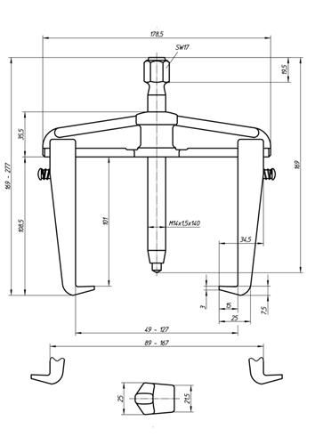 1956345 - Versatile 2-Armed Puller with Hook Brake, 140x100mm