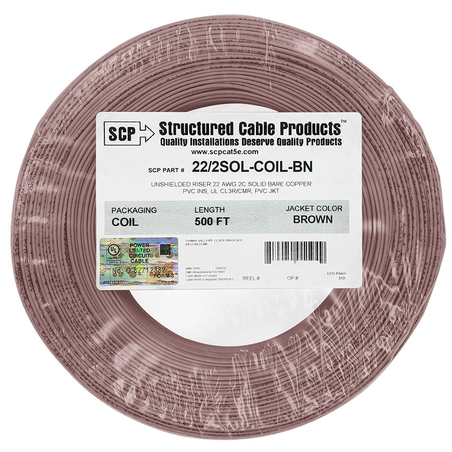 22/2SOL-COIL-BN 2C/22 AWG SOLID COPPER PVC COIL PACK Security Alarm Cable BROWN – 500 FT