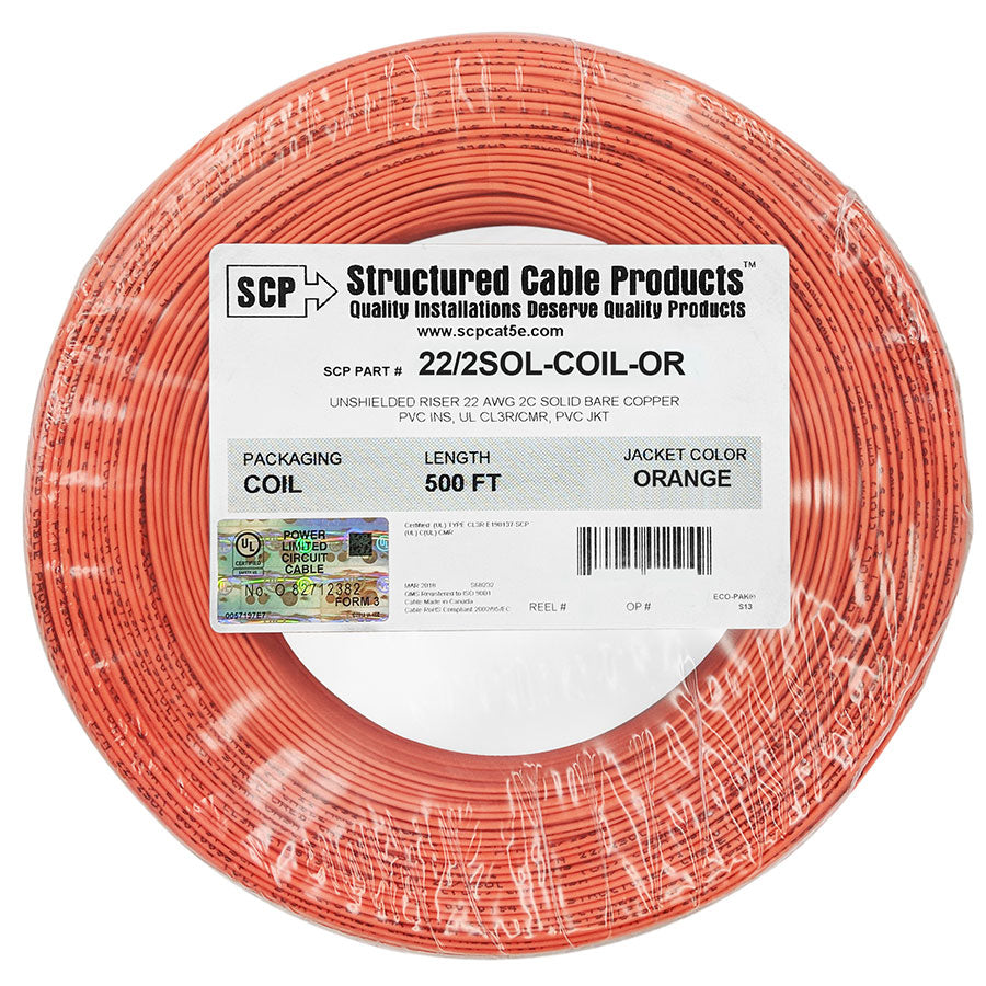 22/2SOL-COIL-OR 2C/22 AWG SOLID COPPER PVC COIL PACK Security Alarm Cable ORANGE – 500 FT