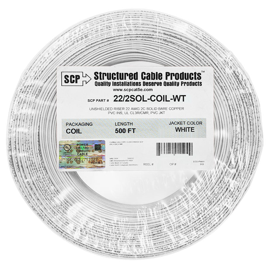 22/2SOL-COIL-WT 2C/22 AWG SOLID COPPER PVC COIL PACK Security Alarm Cable WHITE – 500 FT