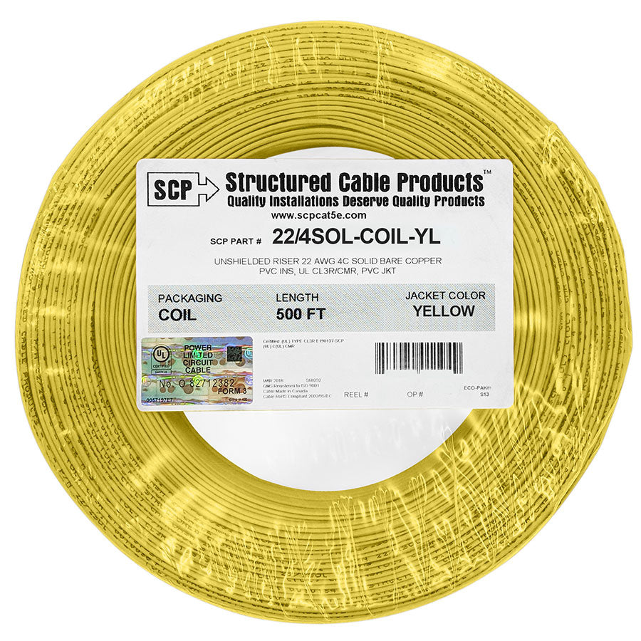 22/4SOL-COIL-YL 4C/22 AWG SOLID COPPER PVC COIL PACK Security Alarm Cable YELLOW – 500 FT