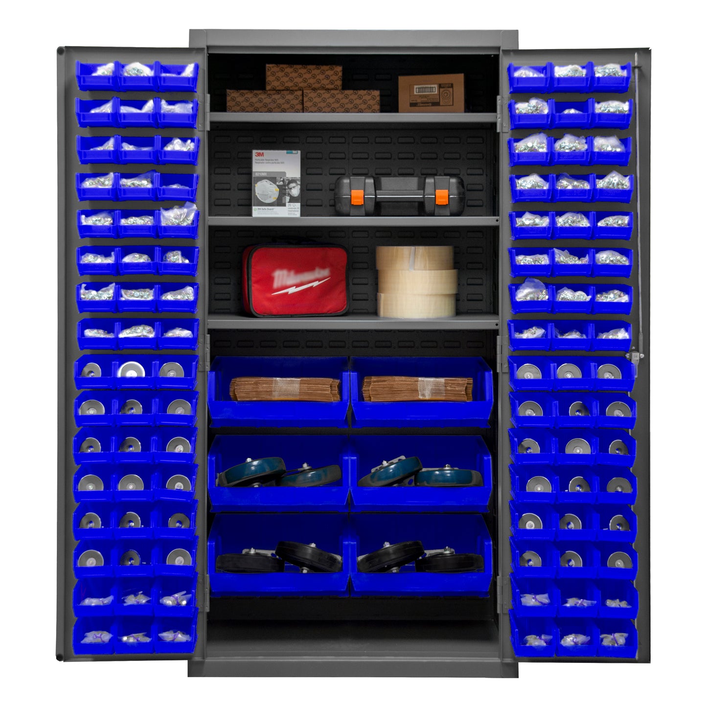 2501-BDLP-102-3S-5295 Cabinet, 16 Gauge, 102 Blue Bins, 3 Shelves, 36 x 24 x 72