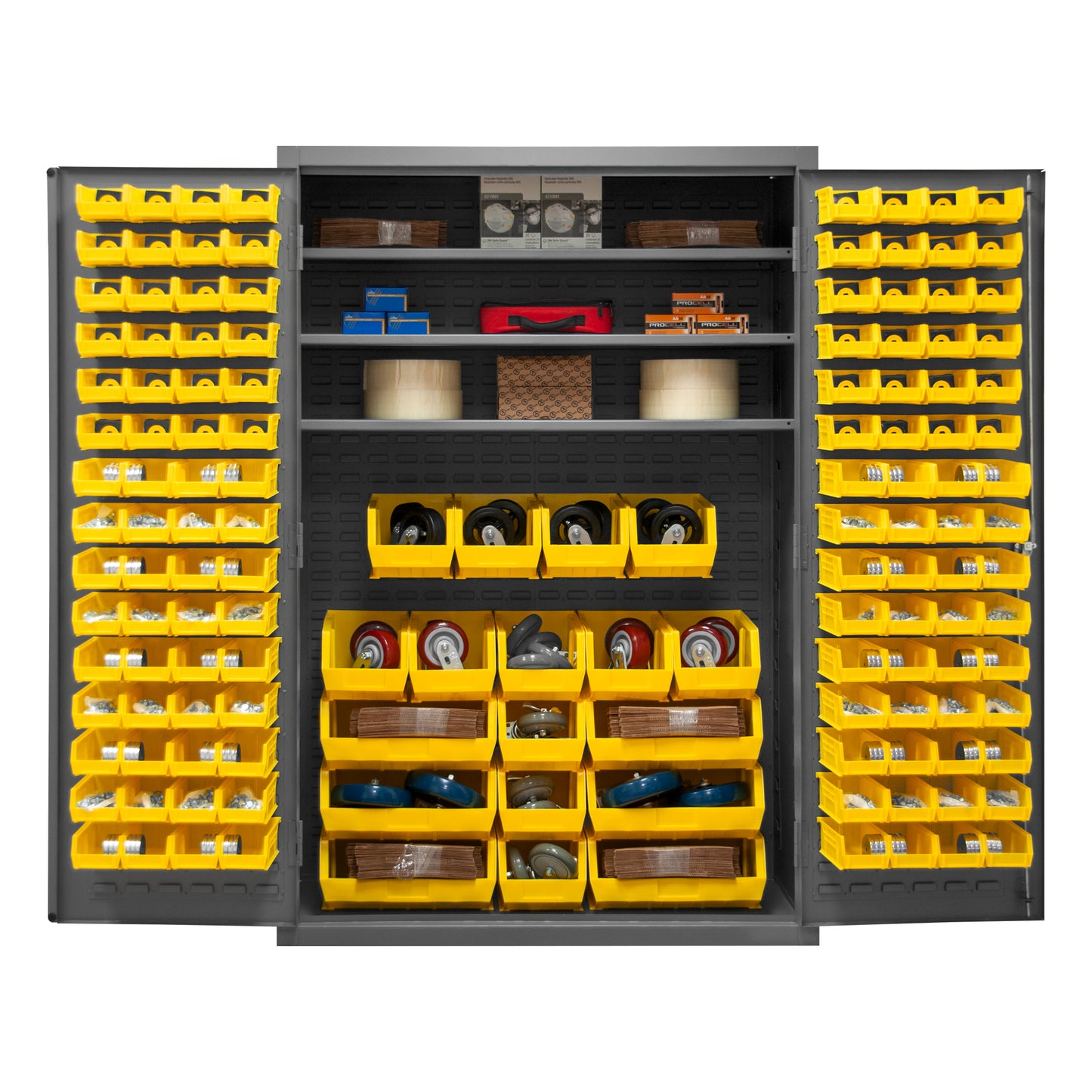 2502-138-3S-95 Cabinet, 16 Gauge, 3 Shelves, 138 Yellow Bins, 48 x 24 x 72