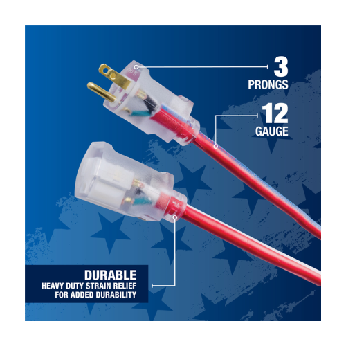 100' Ft 12/3 SJTW Red/White and Blue Outdoor Extension Cord with Power Light Indicator Plug 2549SWUSA1 (Pack of 4)