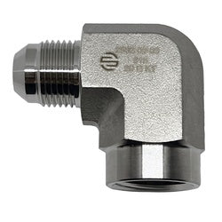SS2502-08-04 - 1/2 in Male JIC to 1/4 in Female NPTF Stainless Steel 90-Degree Elbow Adapter