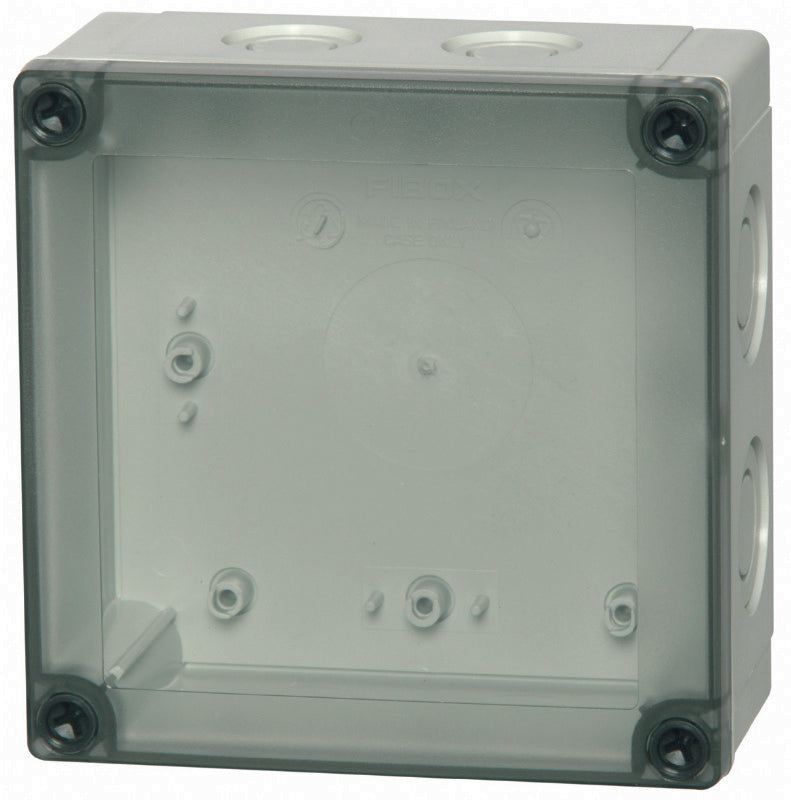 6416322 7.1 x 7.1 x 4.9 inch polycarbonate enclosure with smoked transparent cover and metric knock-out base