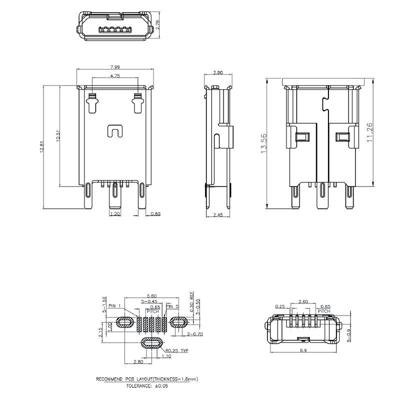 2762070000 - 480 Mbps USB 2.0 PCB Connector with 180° Elbow Design (Pack of 2000)