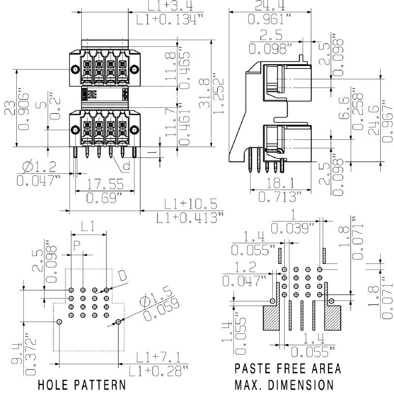 1357970000 - 3.5mm 32-Pole Male PCB Connector, 90° Solder Flange (Pack of 20)
