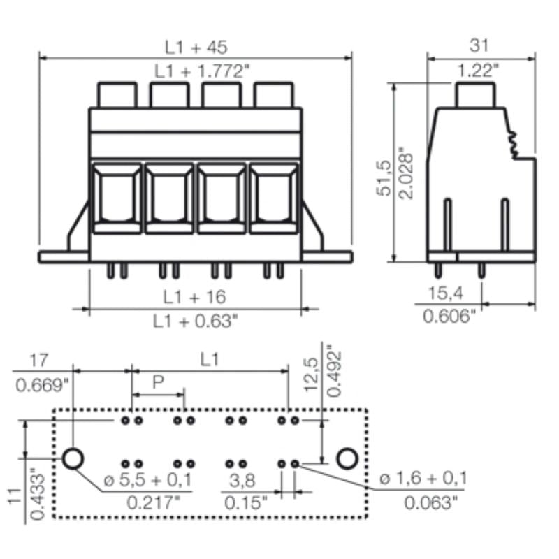 1047290000 - 15mm PCB Terminals, 90°, Black, 2 Poles, 4.5mm Pins (Pack of 20)