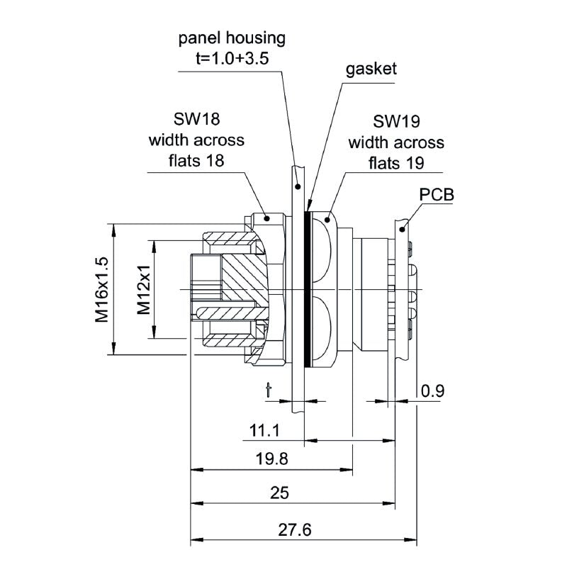 2530910000 - M12 Built-in Plug with M16 Mounting Thread and 5 Poles