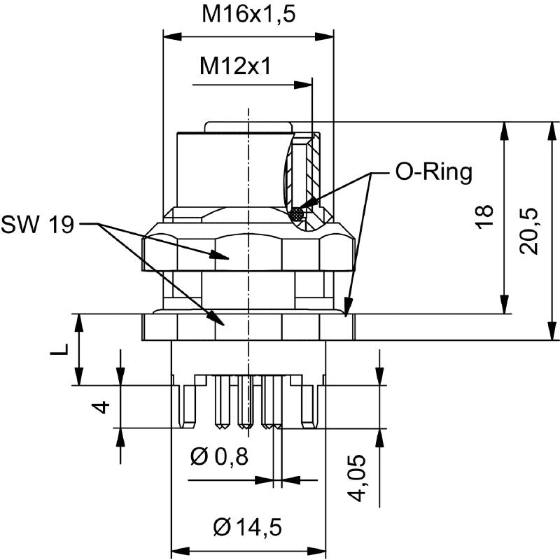 2421940000 - M12 8-Pole Connector with M16 Mounting Thread (Pack of 10)