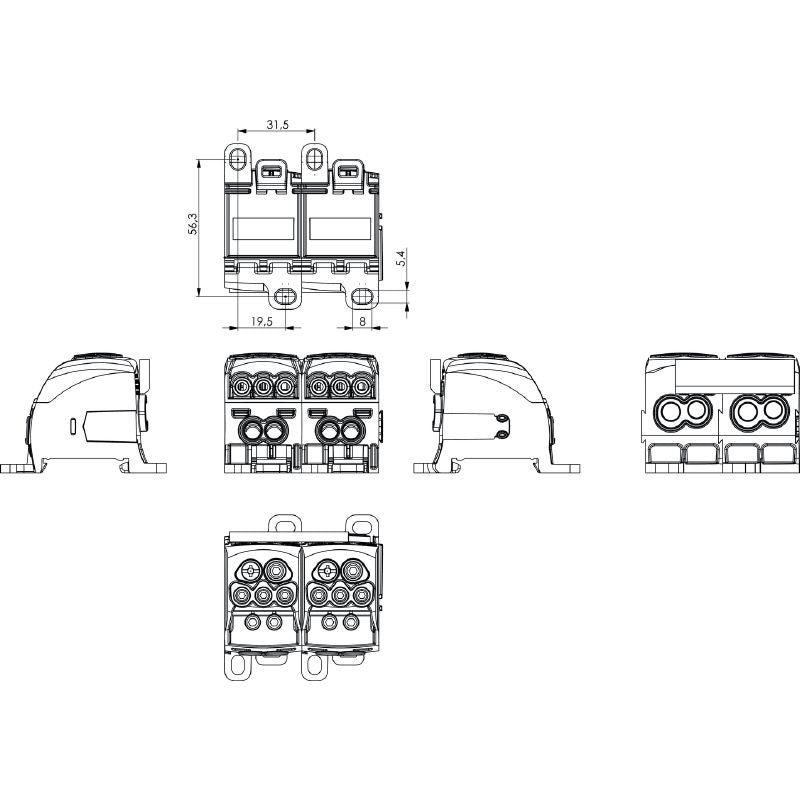 2725390000 - Black Distributor Terminal, 12 Connections, 164A Rated