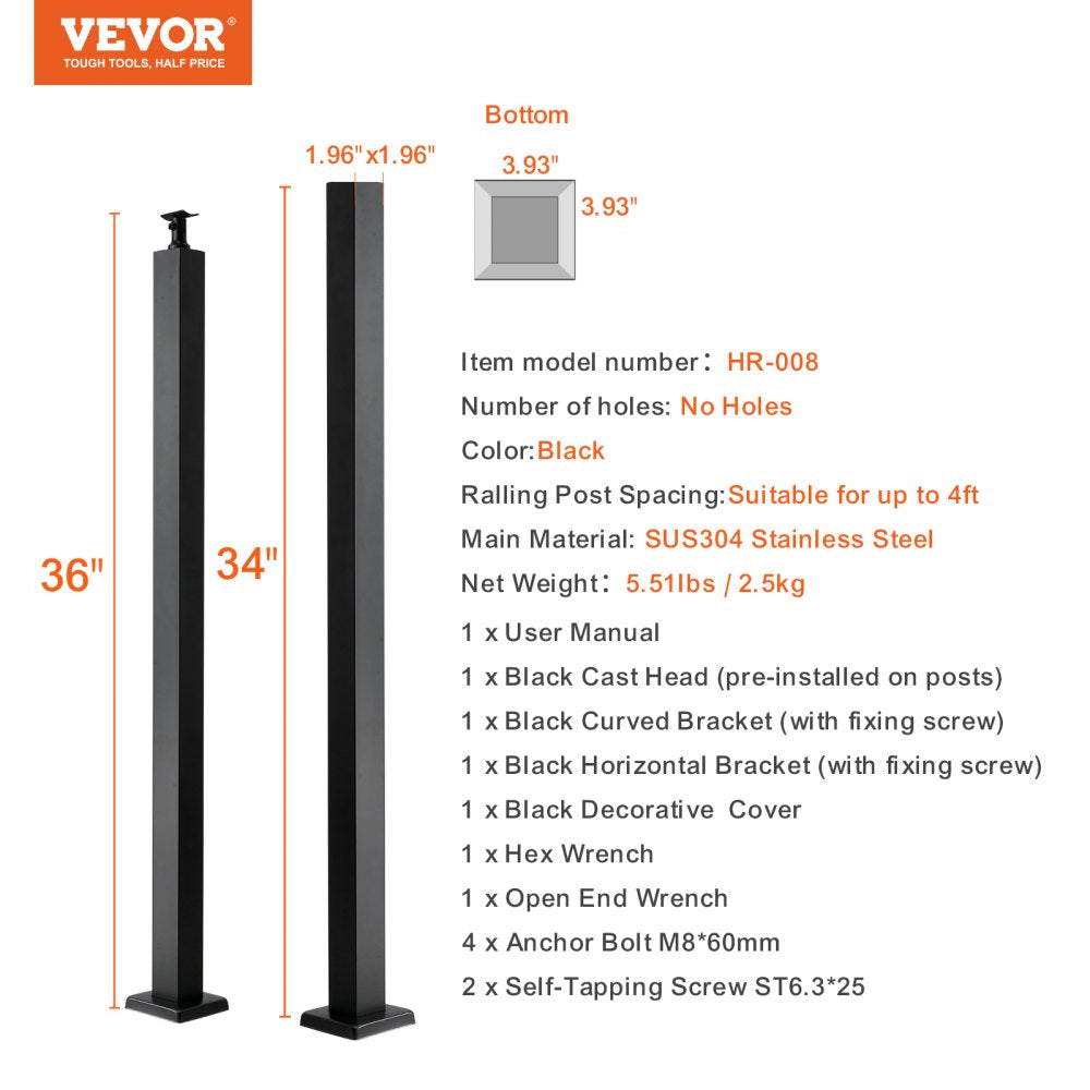 HR-008 - Black 36" Stainless Steel Cable Railing Post, Easy Install & Durable