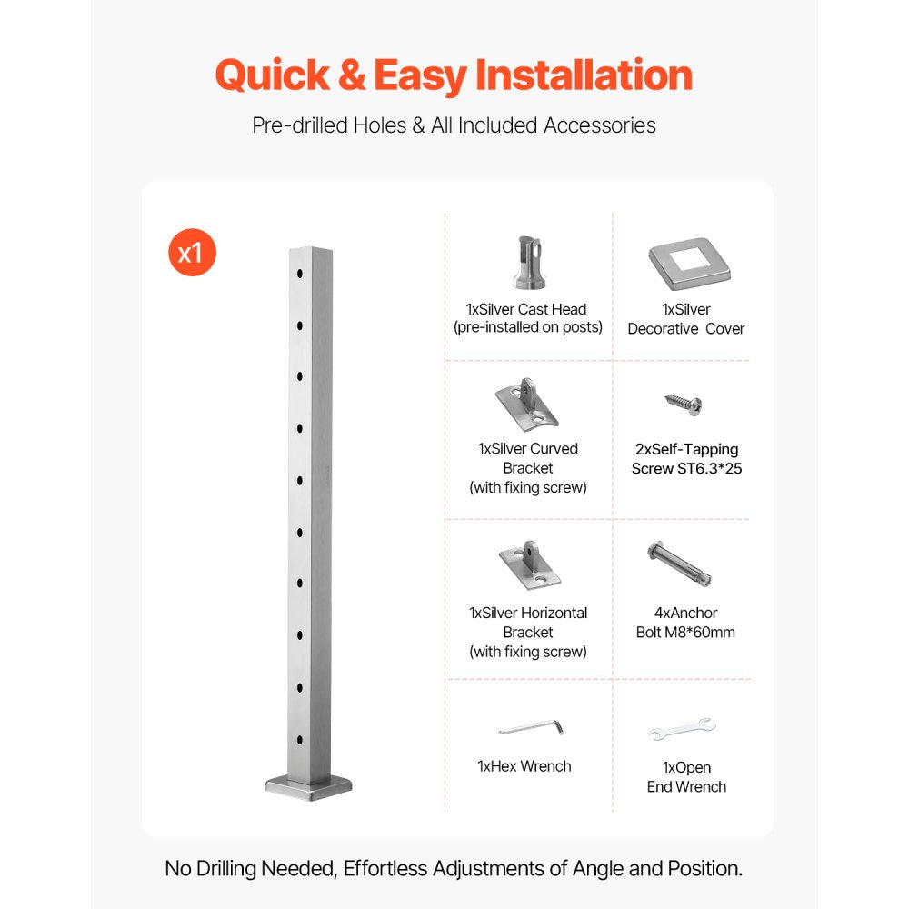 HR-012 - Durable 36x2 Stainless Steel Cable Railing Post with Pre-Drilled Holes