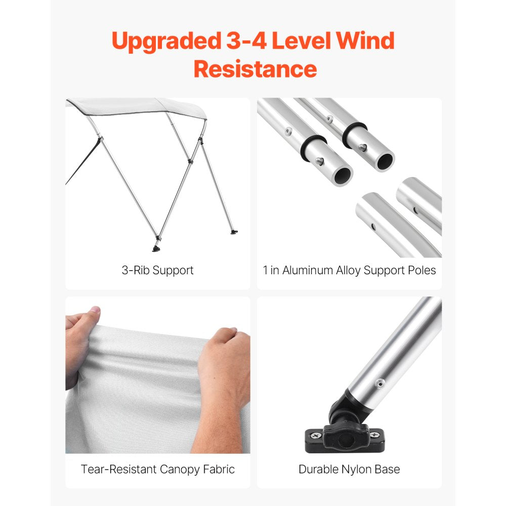 3 Bow - 6'L Aluminum Awning Canopy for Boats with Quick-Release Straps