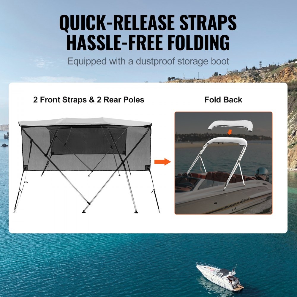 4 Bow 8'L × 54"H × 79" - 84"W - VEVOR UV50+ Bimini Top, Light Grey Shade