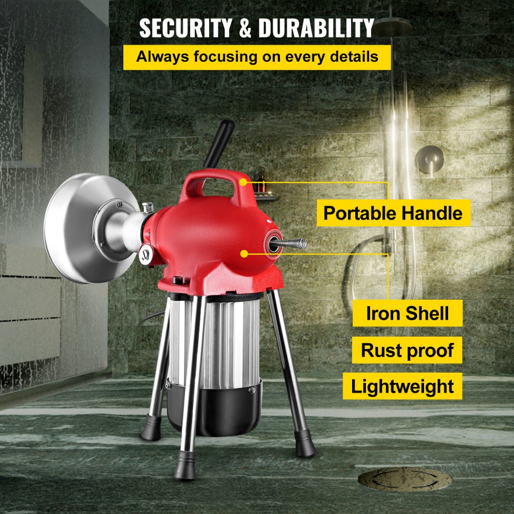 010607578839 - 500W Portable Drain Cleaner with 75' Steel Cable & 6 Cutters