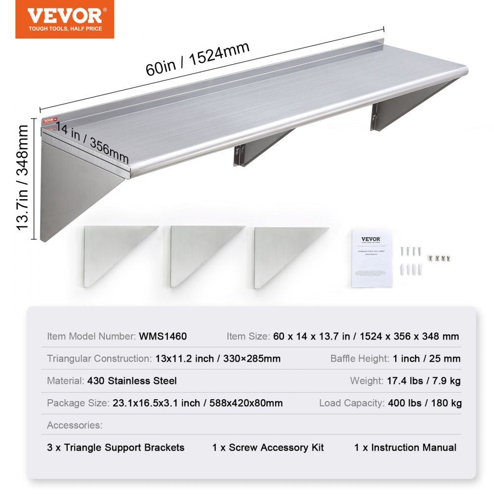 WMS1460 - 14" x 60" Heavy-Duty Stainless Steel Shelf for Storage