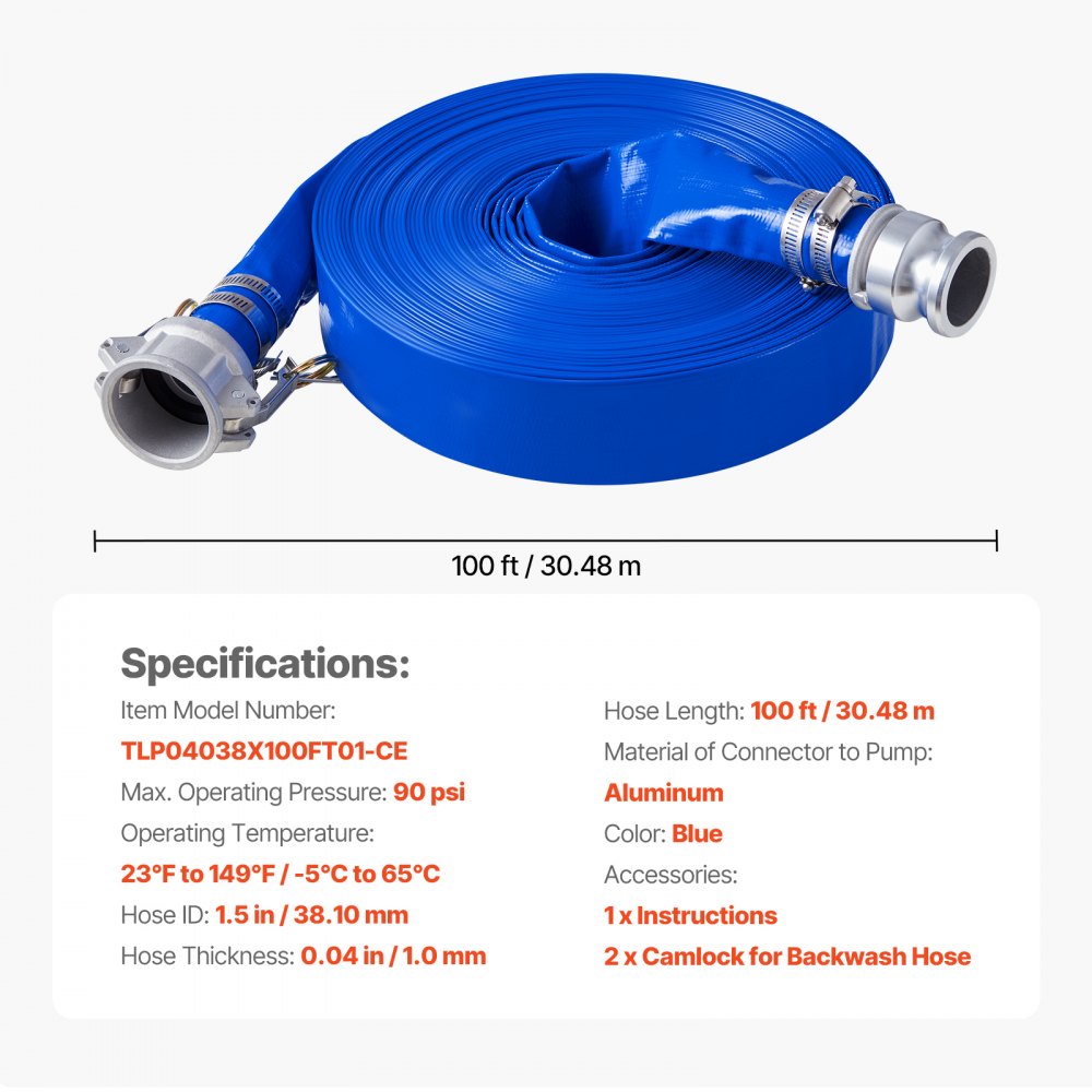 TLP04038X100FT01-CE - 1.5" x 100ft Flexible PVC Backwash Hose Kit