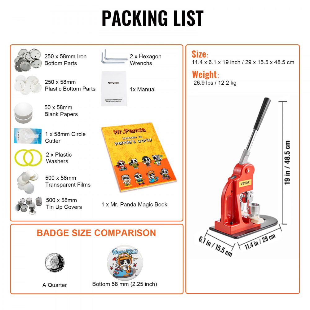 BJS-58-RD-01 - Durable 2.25" Button Maker Kit with 500 Parts