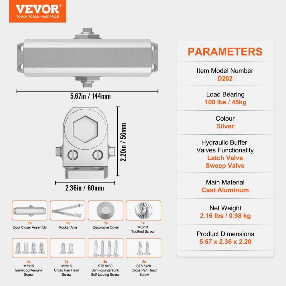 D202 - VEVOR Hydraulic Door Closer, 100 lbs Capacity, Silent Operation