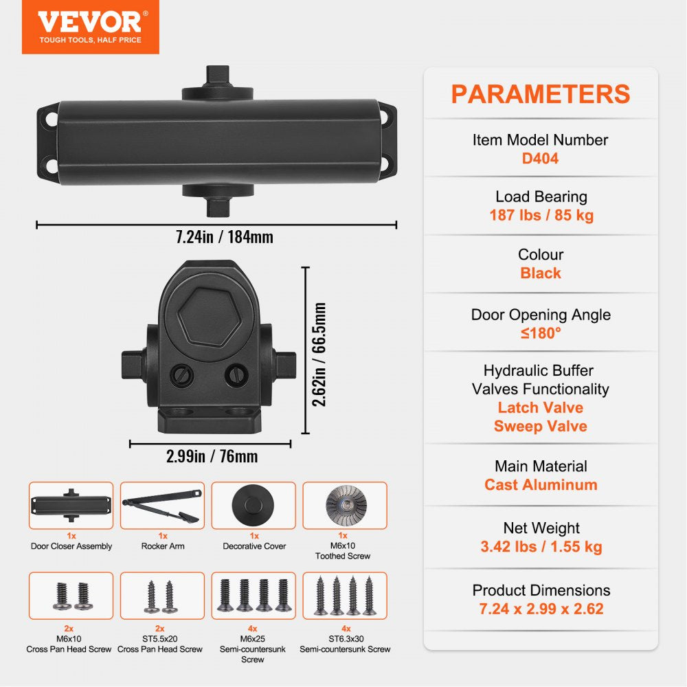 D404 - Adjustable Hydraulic Door Closer for 187 lbs, Smooth Operations