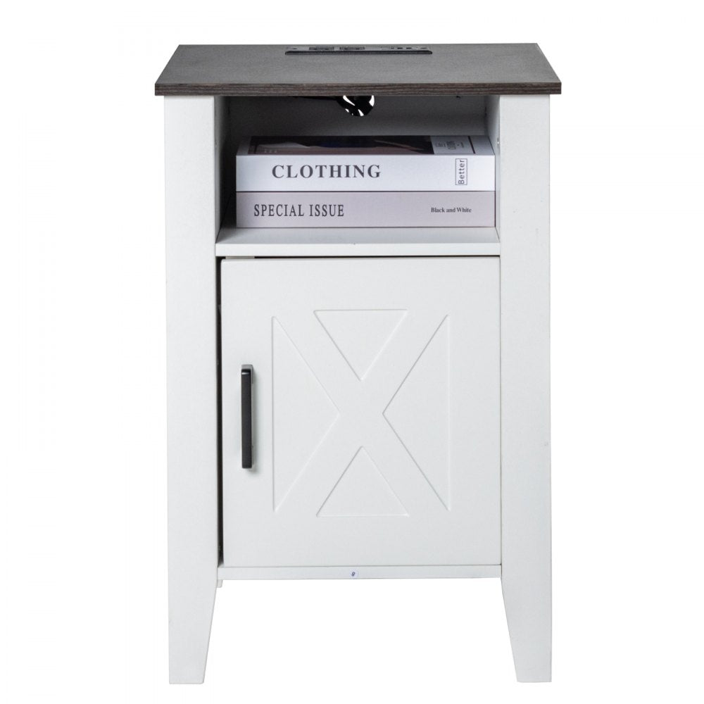 SS-2402-BW - Farmhouse End Table Set with Charging Ports and Easy Assembly