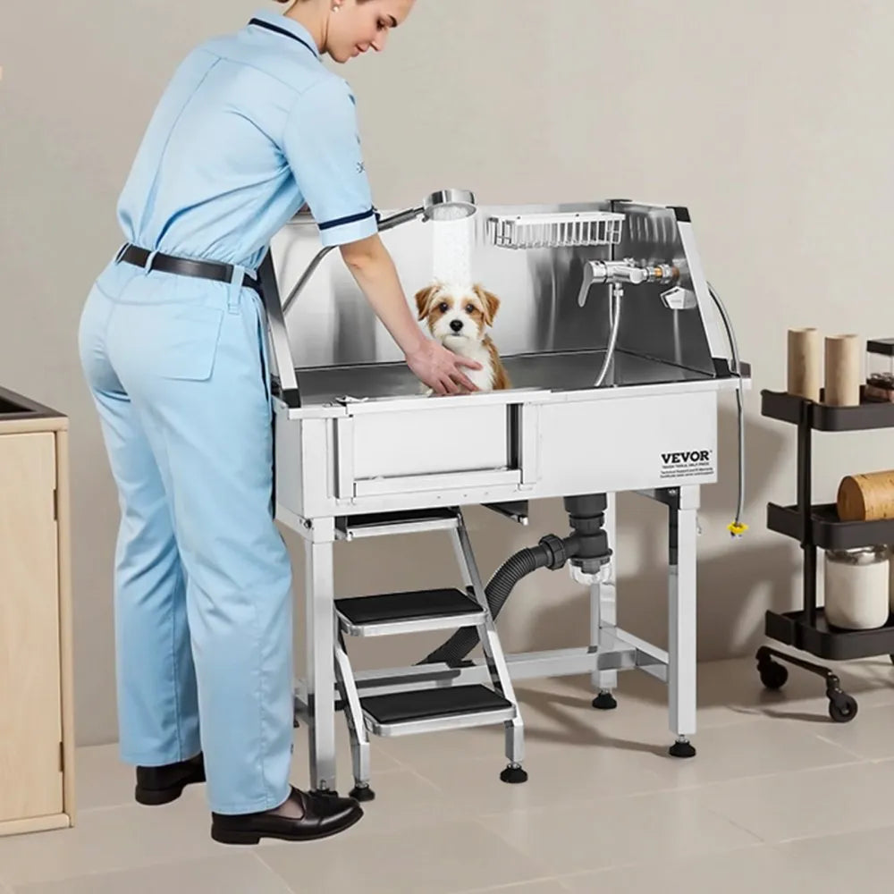 K2E01004 - Stainless Steel Dog Grooming Tub with Stairs & Leakproof Design