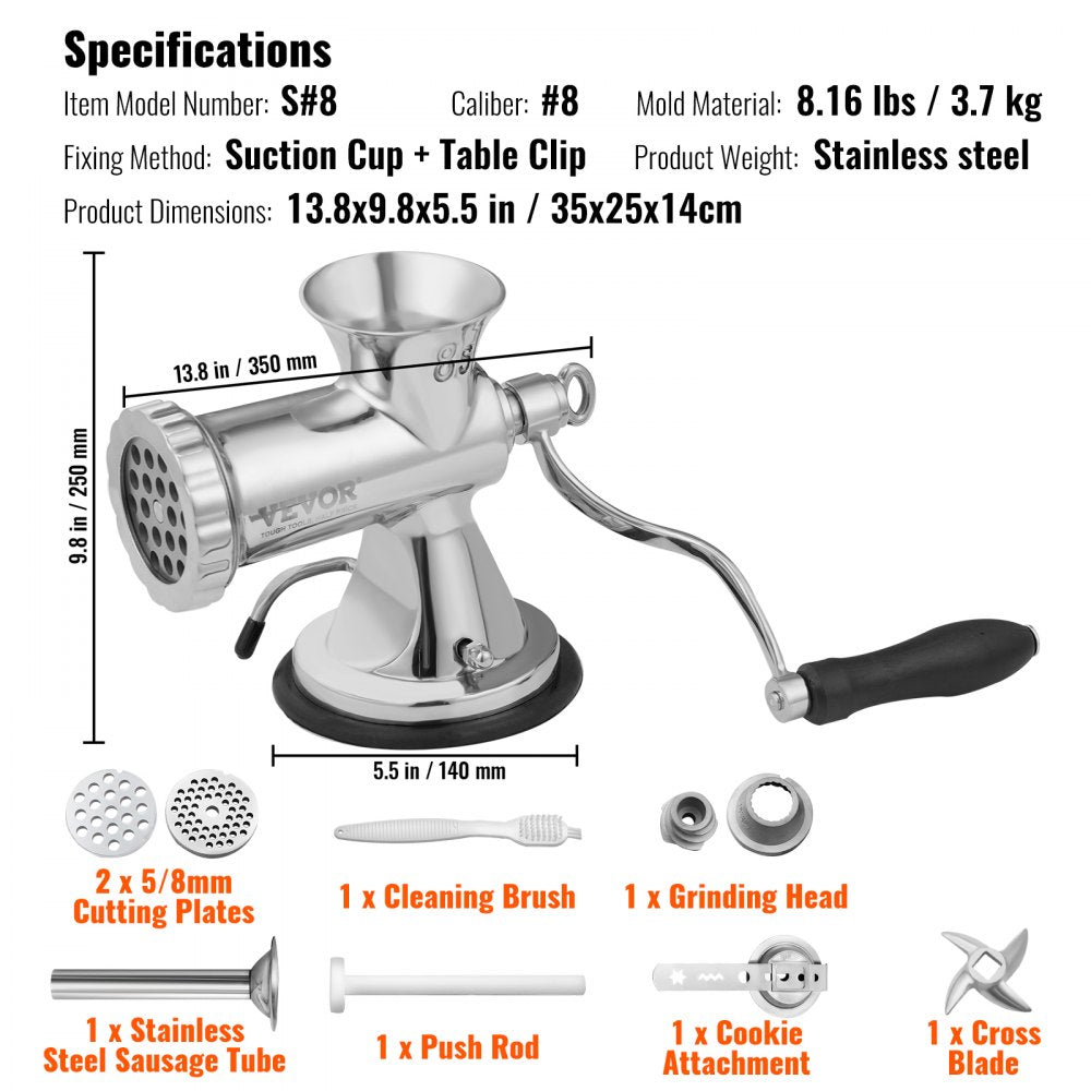 S#8 - Durable 304 Stainless Steel Manual Meat Grinder with Suction Cup Stability