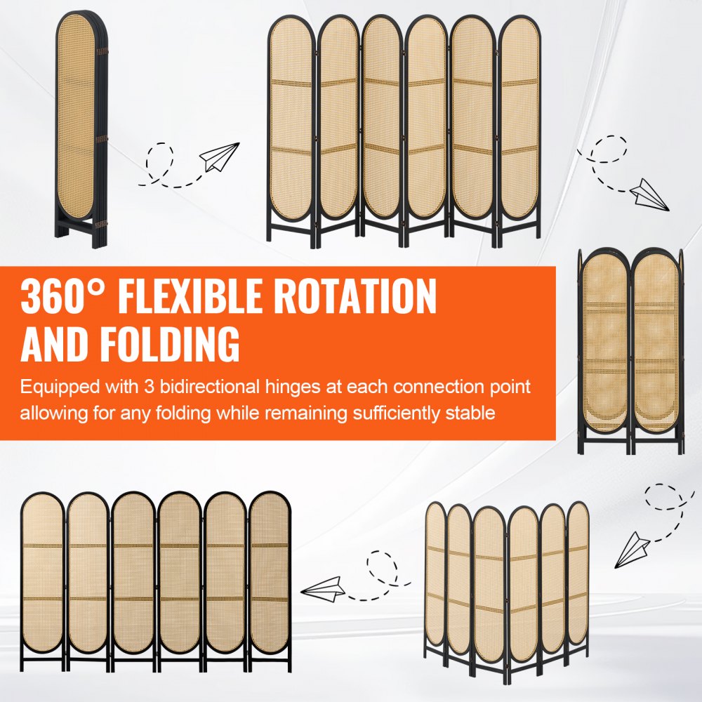 SS-008-6P-BL - Vintage 6-Panel Rattan Room Divider with 360° Rotation