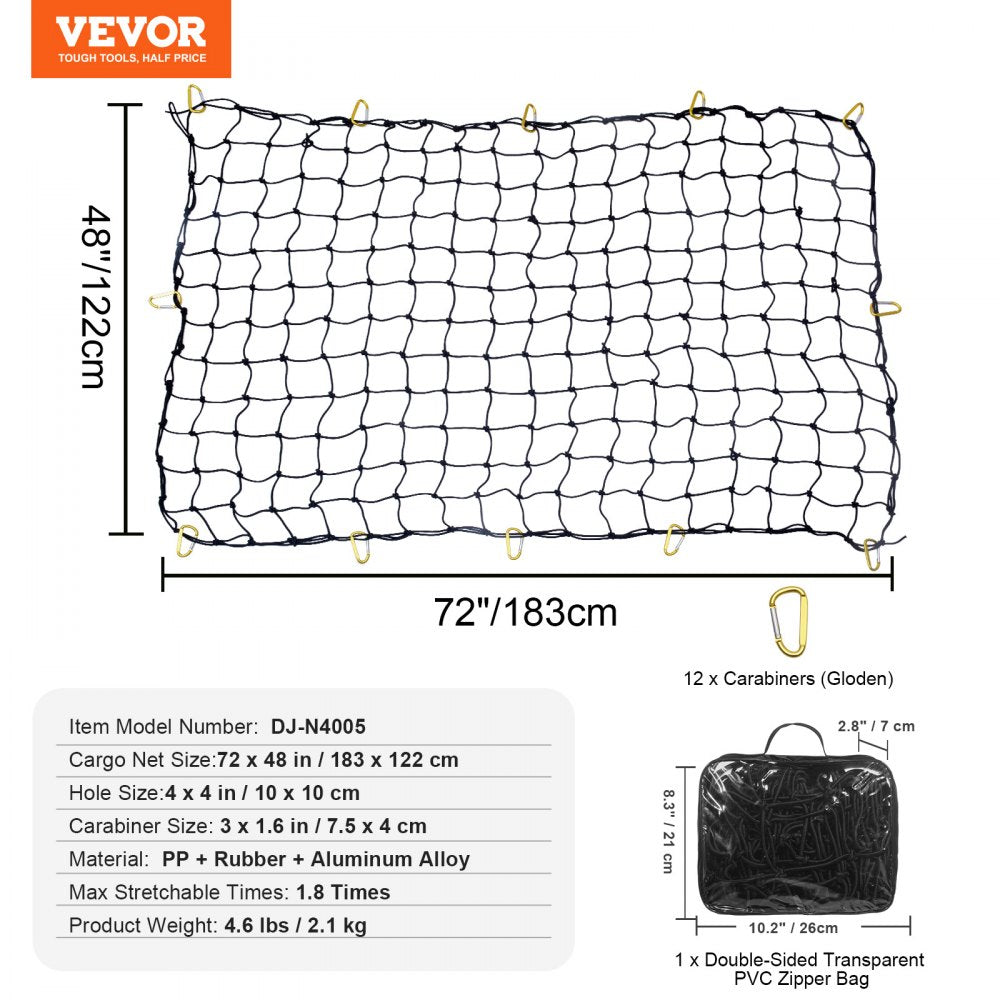 DJ-N4005 - 7.2' x 10.8' Heavy-Duty Bungee Cargo Net with 12 Carabiners