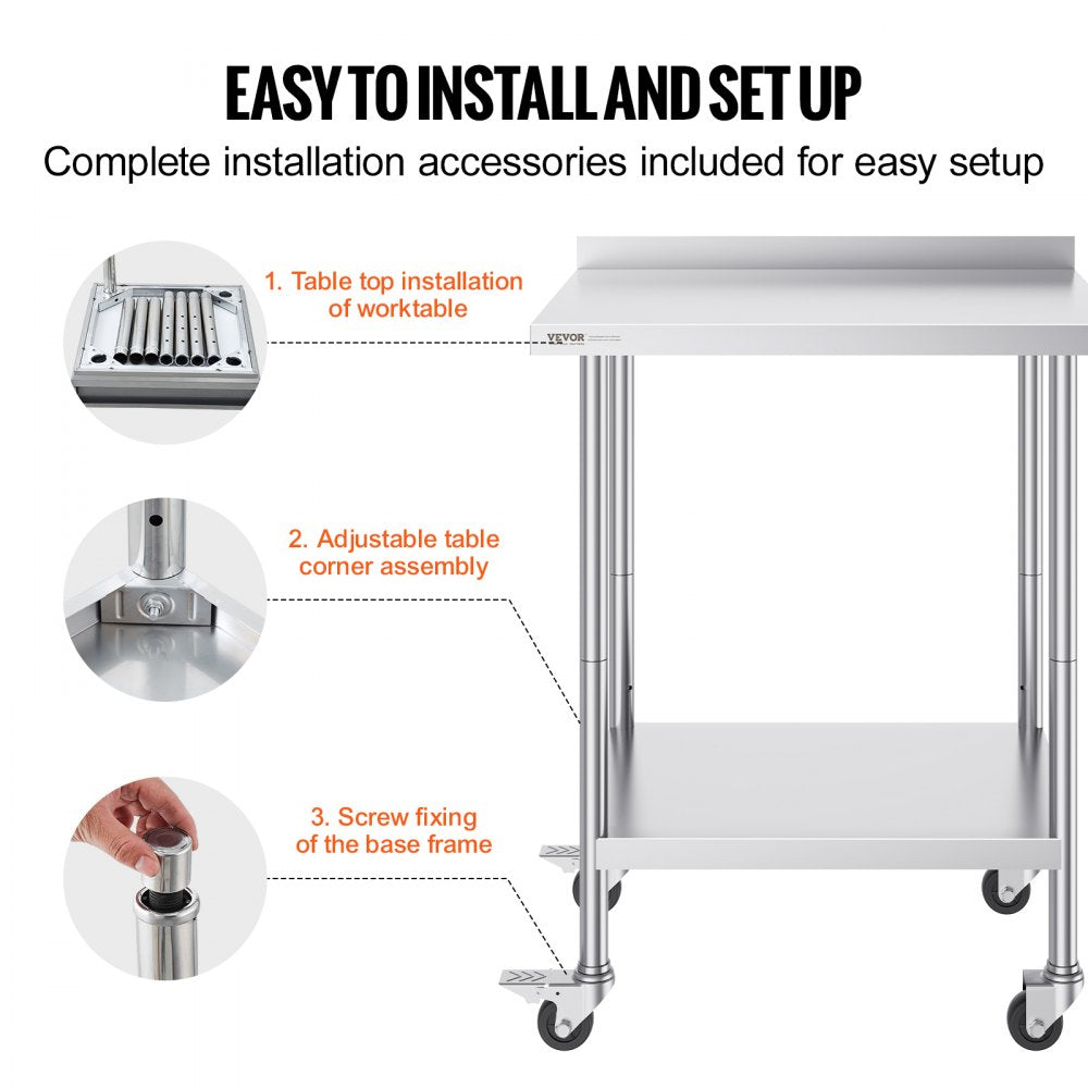 HETG-24*30-L - Durable 24"x30" Stainless Steel Prep Table with Casters