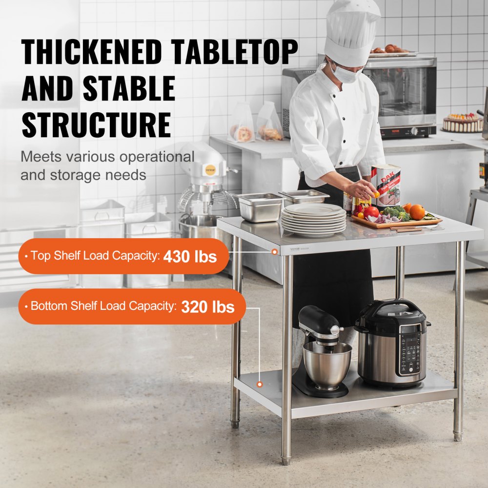 HET-24*36 - VEVOR 24x36” Stainless Steel Prep Table, Adjustable Height
