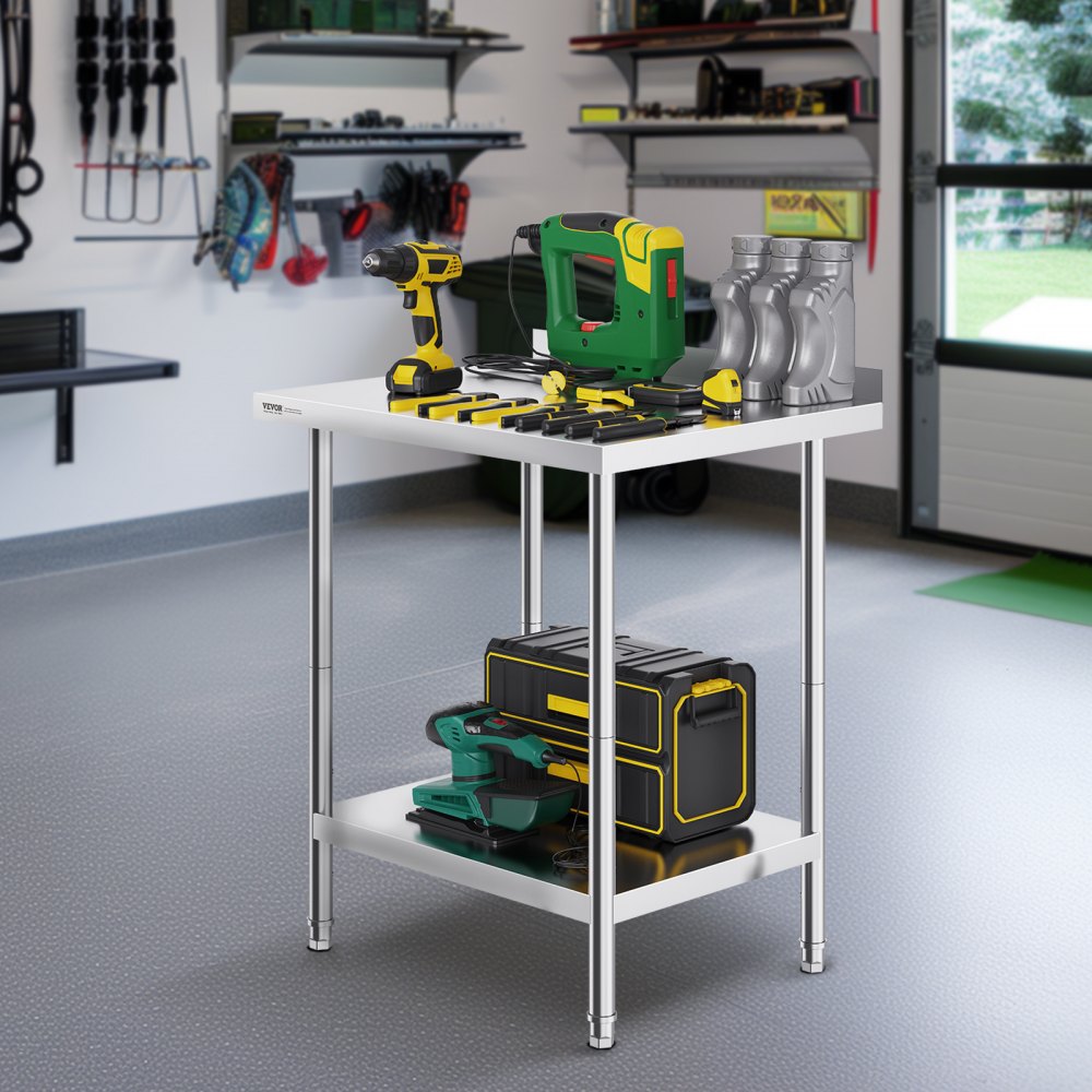 HET-24*30-L - Adjustable Stainless Steel Prep Table with Two-Tier Storage