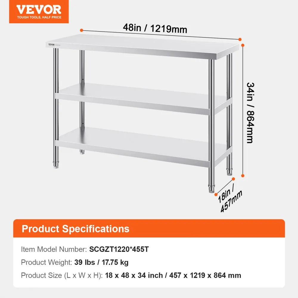 SCGZT1220*455T - 48"x18" VEVOR Stainless Steel Food Prep Table with Adjustable Undershelf