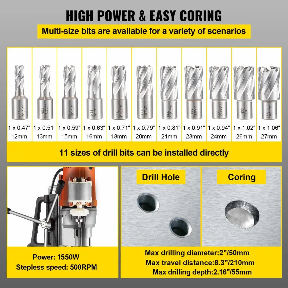010504722259 - 1550W Magnetic Drill Press with 500 RPM Speed and 11 Bits