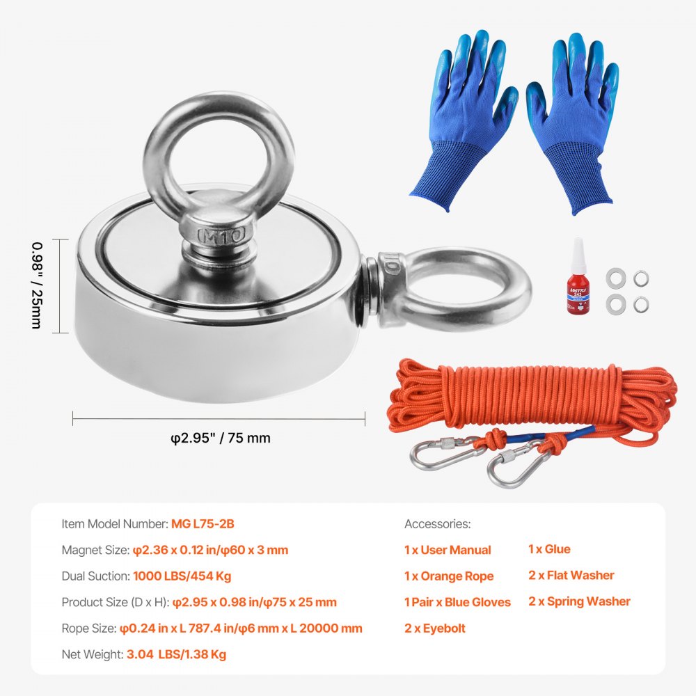 MG L75-2B - 1000 LBS Double-Sided Fishing Magnet Kit with Accessories