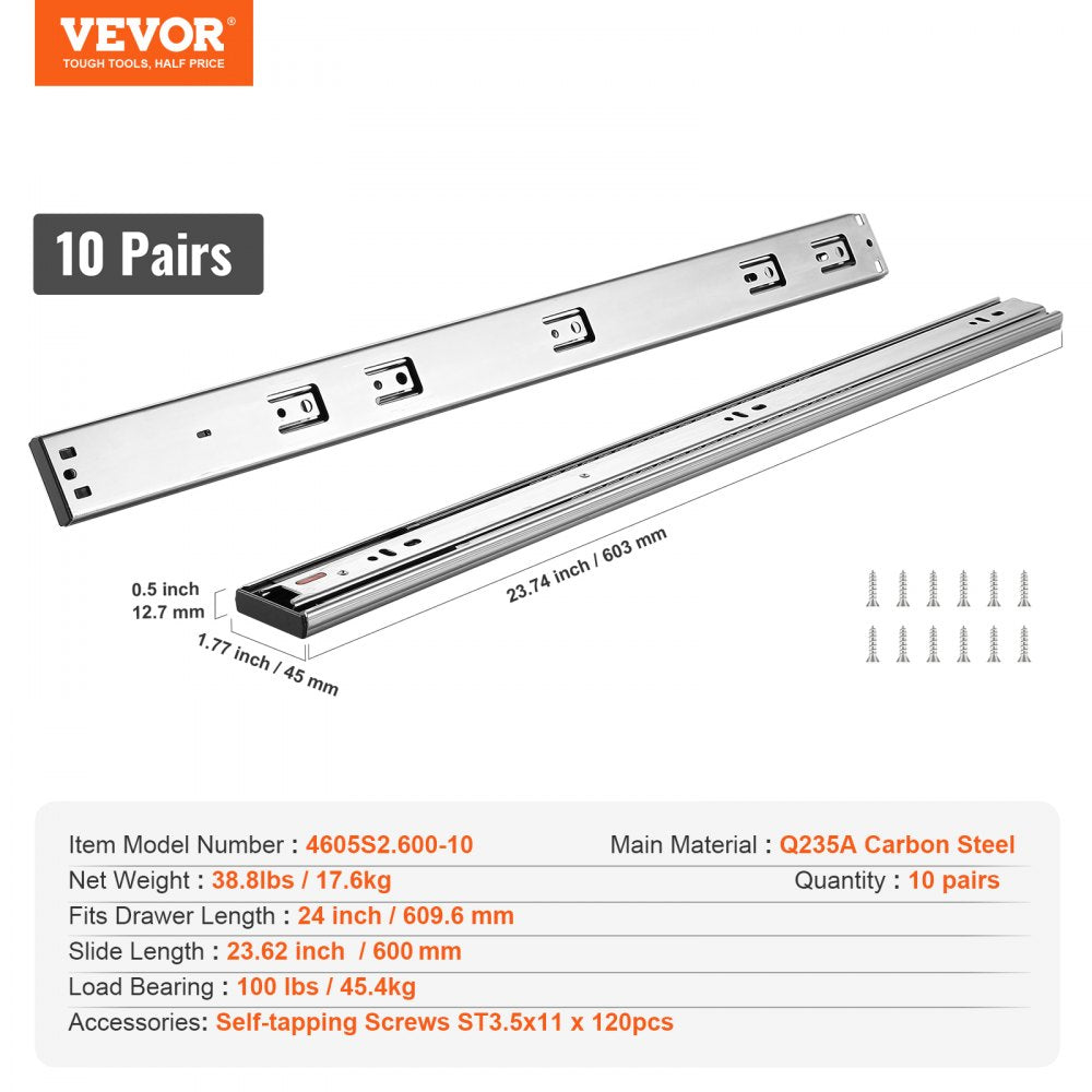 4605S2.600-10 - 24" Heavy-Duty Drawer Slides with Soft-Close Mechanism
