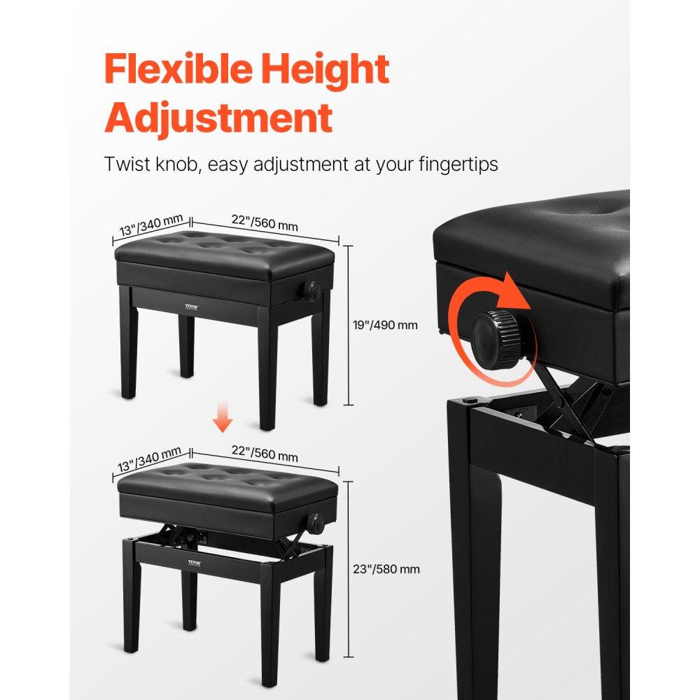 SUB-2 - Adjustable Wooden Piano Bench with Storage, 19.3"-22.8" Height