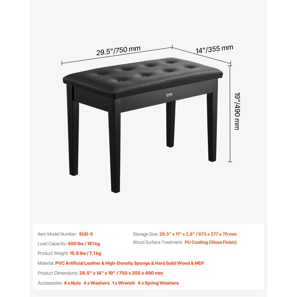 SUD-5 - Duet Piano Bench 29.5" with Storage for Two Musicians