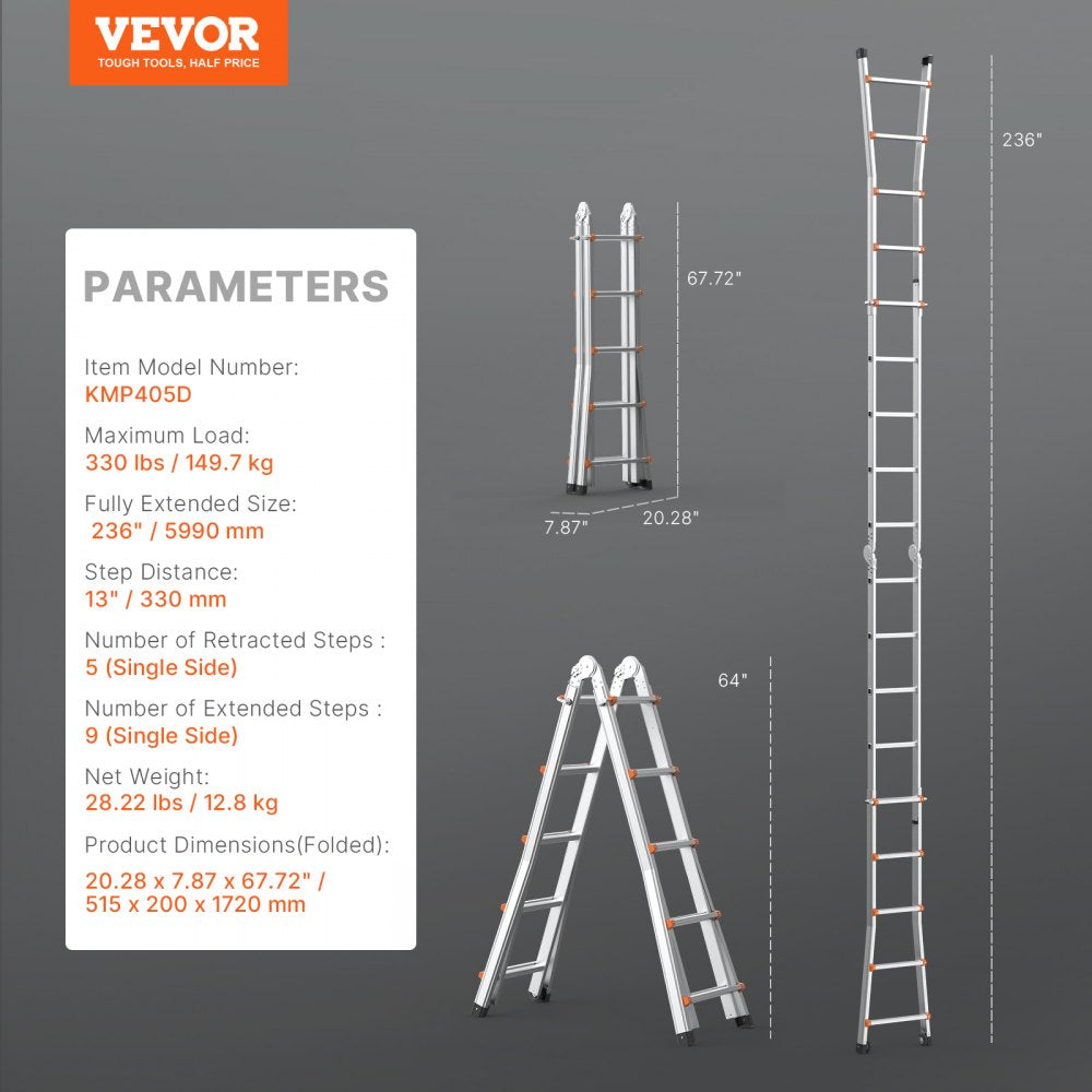 KMP405D - 20FT Versatile A-Frame Ladder with Non-Slip Stability