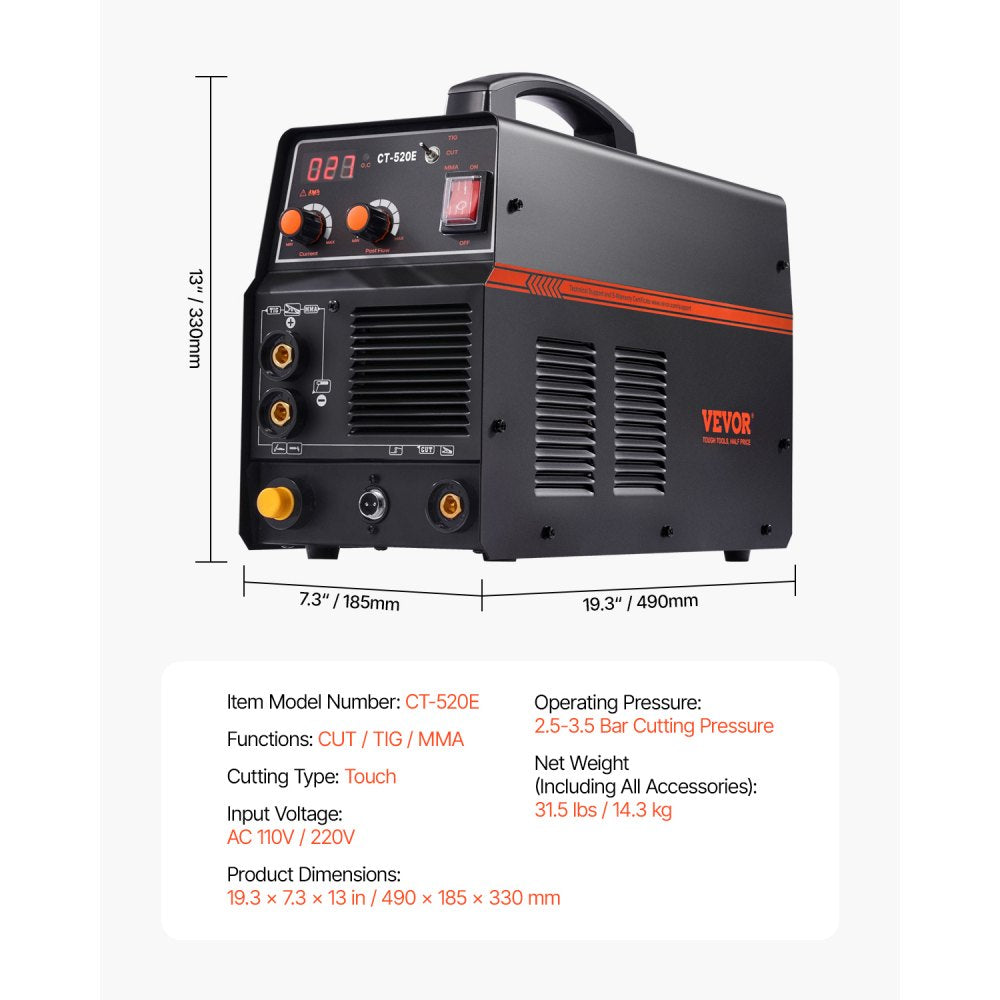 CT-520E - 3-in-1 Plasma Cutter Welder, 50A Cutting, Dual Voltage