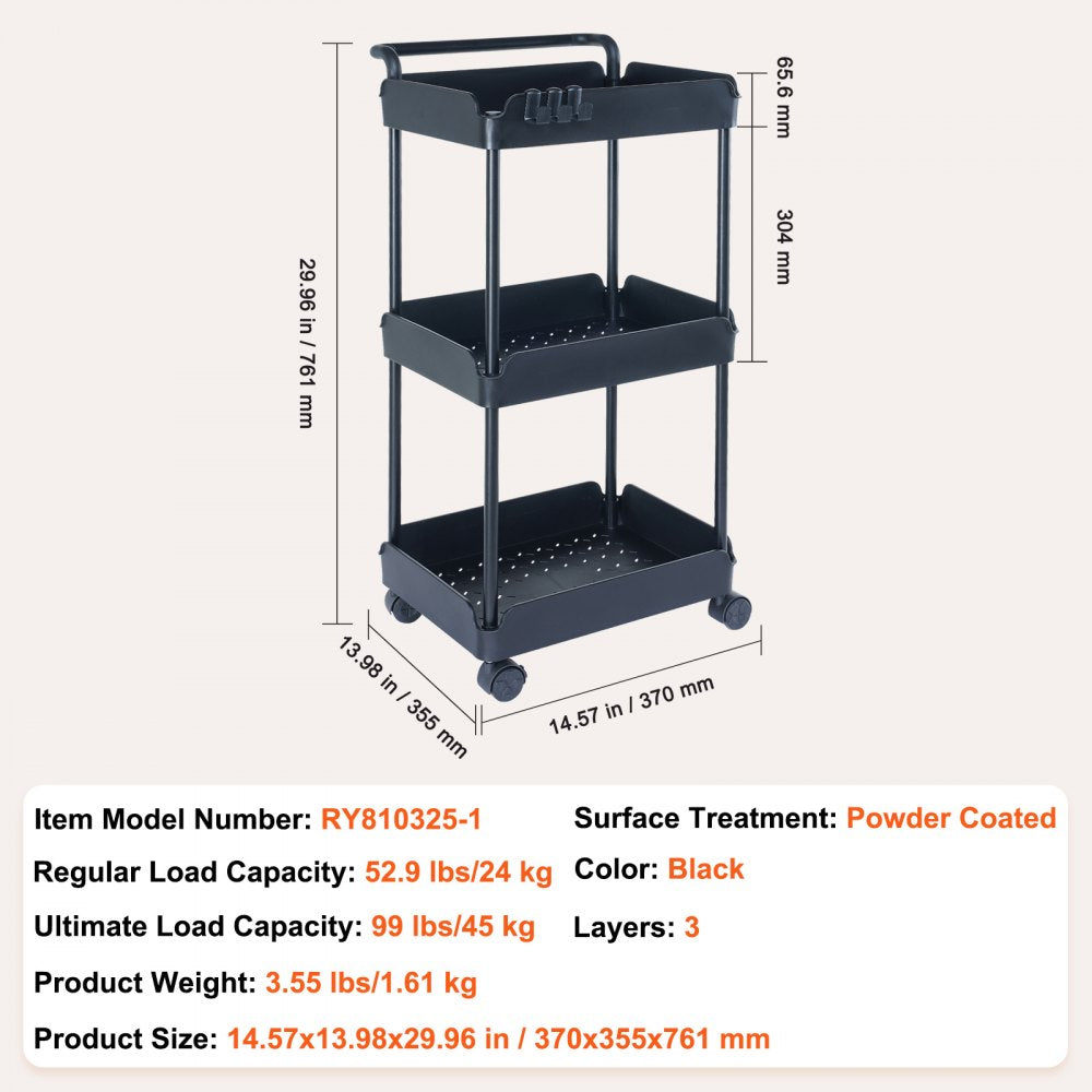 RY810325-1 - Space-Saving 3-Tier Rolling Cart with Lockable Wheels