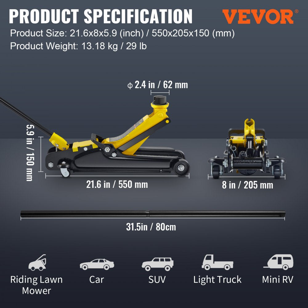 S385 - 2.5 Ton Low Profile Steel Floor Jack for Easy Vehicle Maintenance