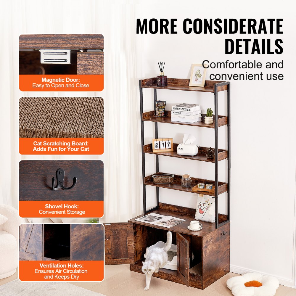 CWM004 - 33.5"L Wooden Cat Litter Box Furniture with 4 Shelves
