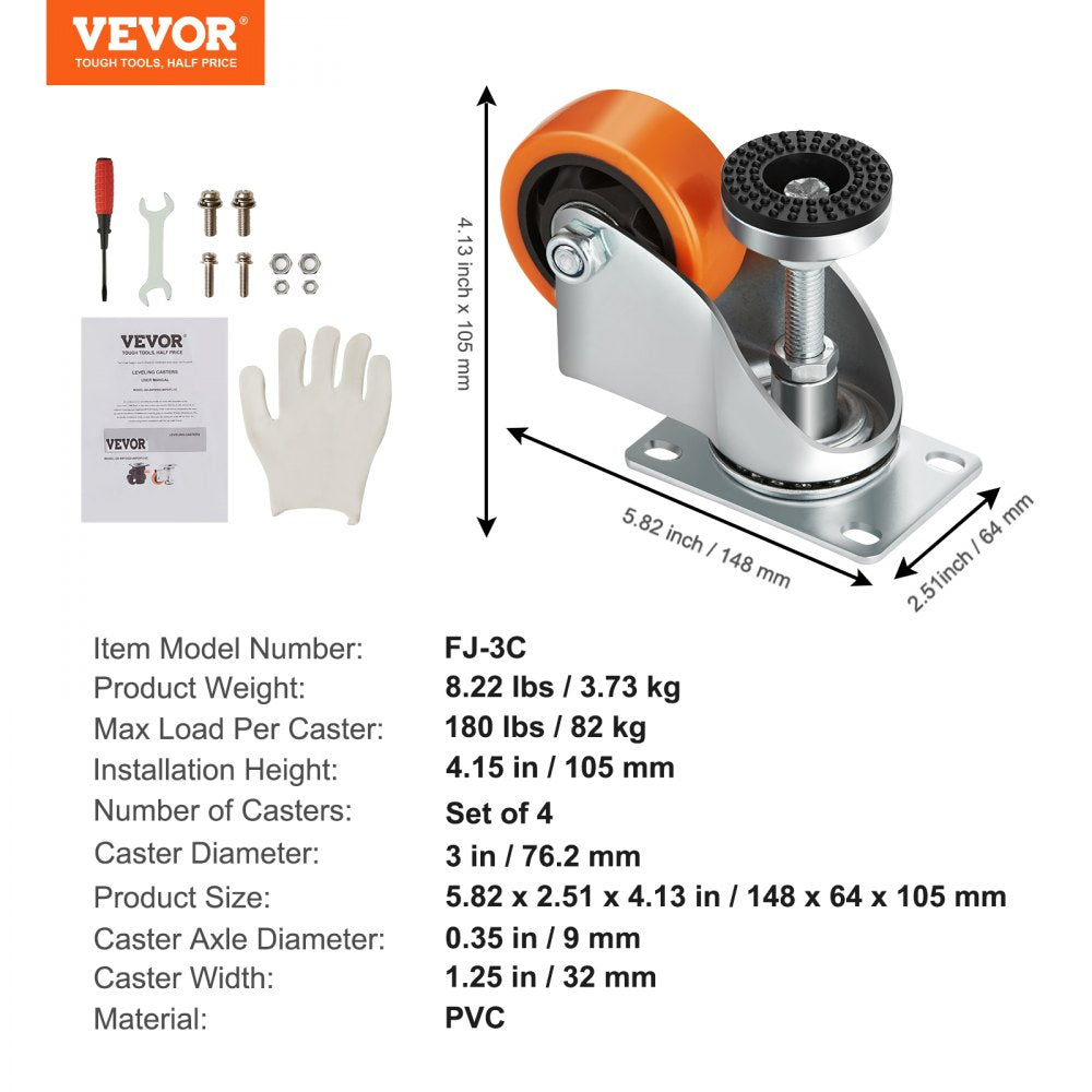 FJ-3C - 3" VEVOR Adjustable Leveling Casters for Smooth Glide