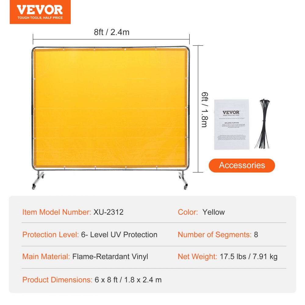 XU-2312 - 6' x 8' Yellow Welding Screen with Durable Frame