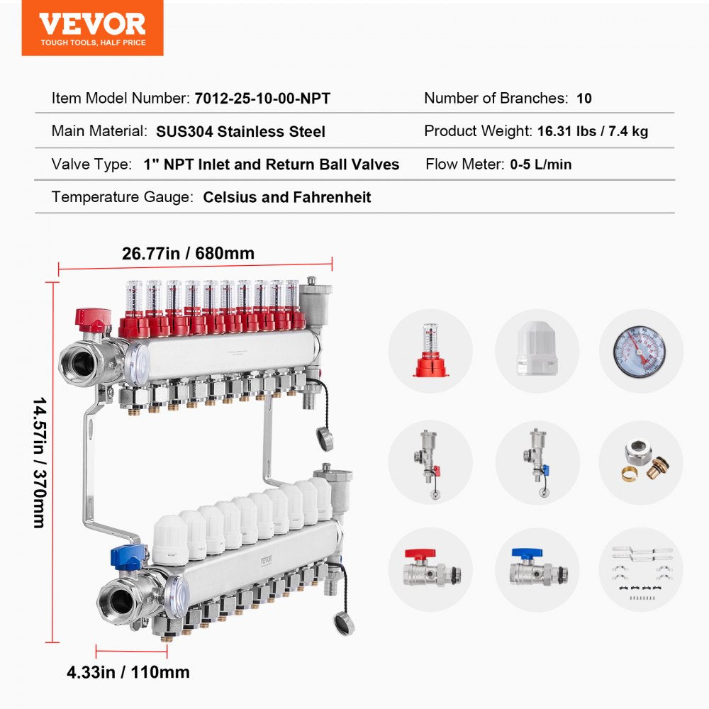 7012-25-10-00-NPT - 10-Branch Stainless Steel Heat Manifold with Flow Meter