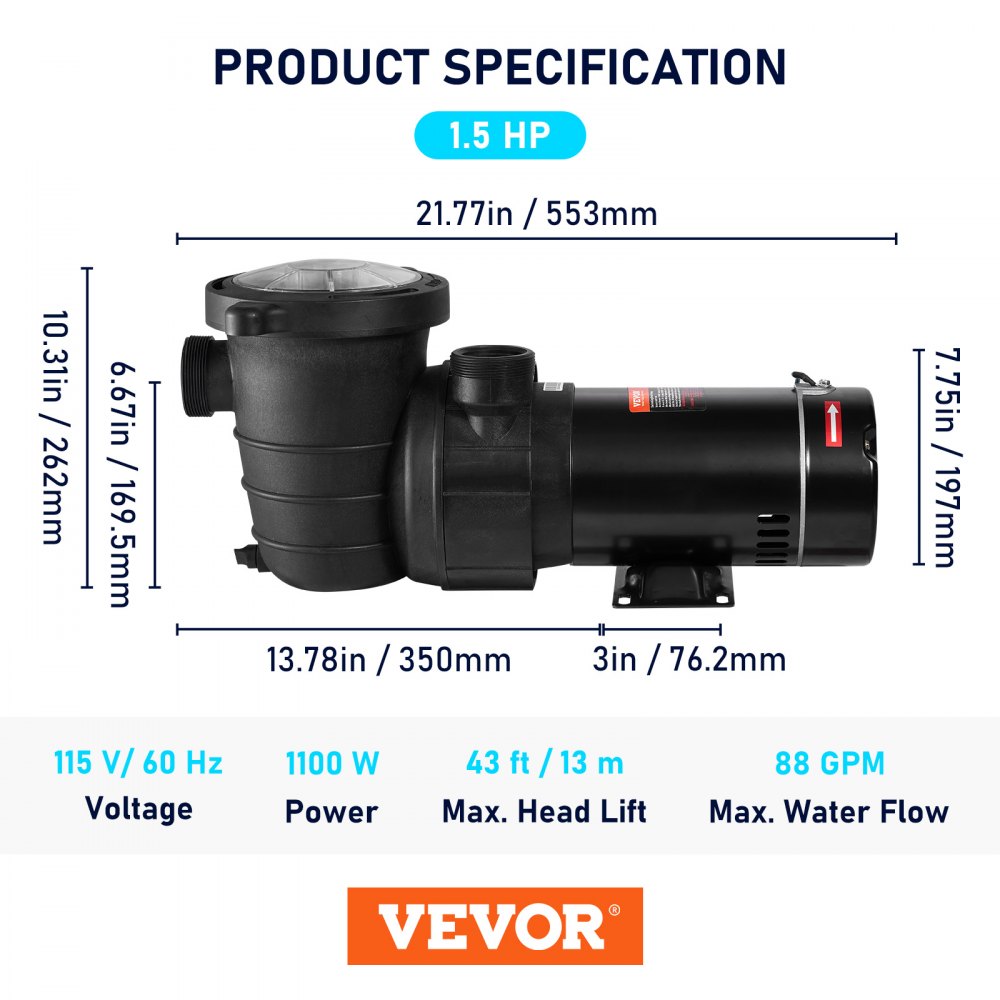 VVPS115BUS - 1.5HP VEVOR Pool Pump for Efficient Cleaning & Easy Setup