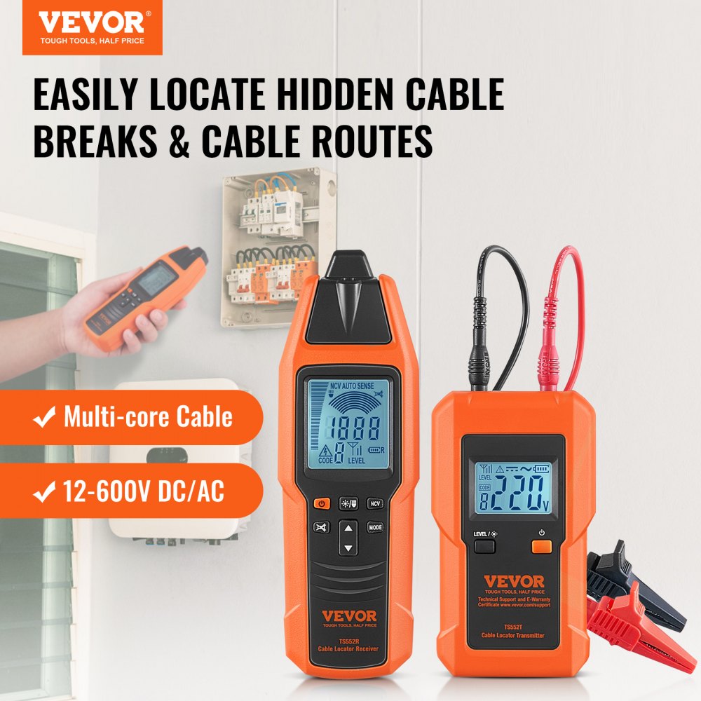 TS552 - Compact VEVOR Cable Locator for 12-600V Lines, 6561ft Range
